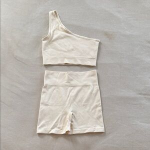 Amazon Cream One-Shoulder Ribbed Sports Bra & High-Waist Biker Short Set